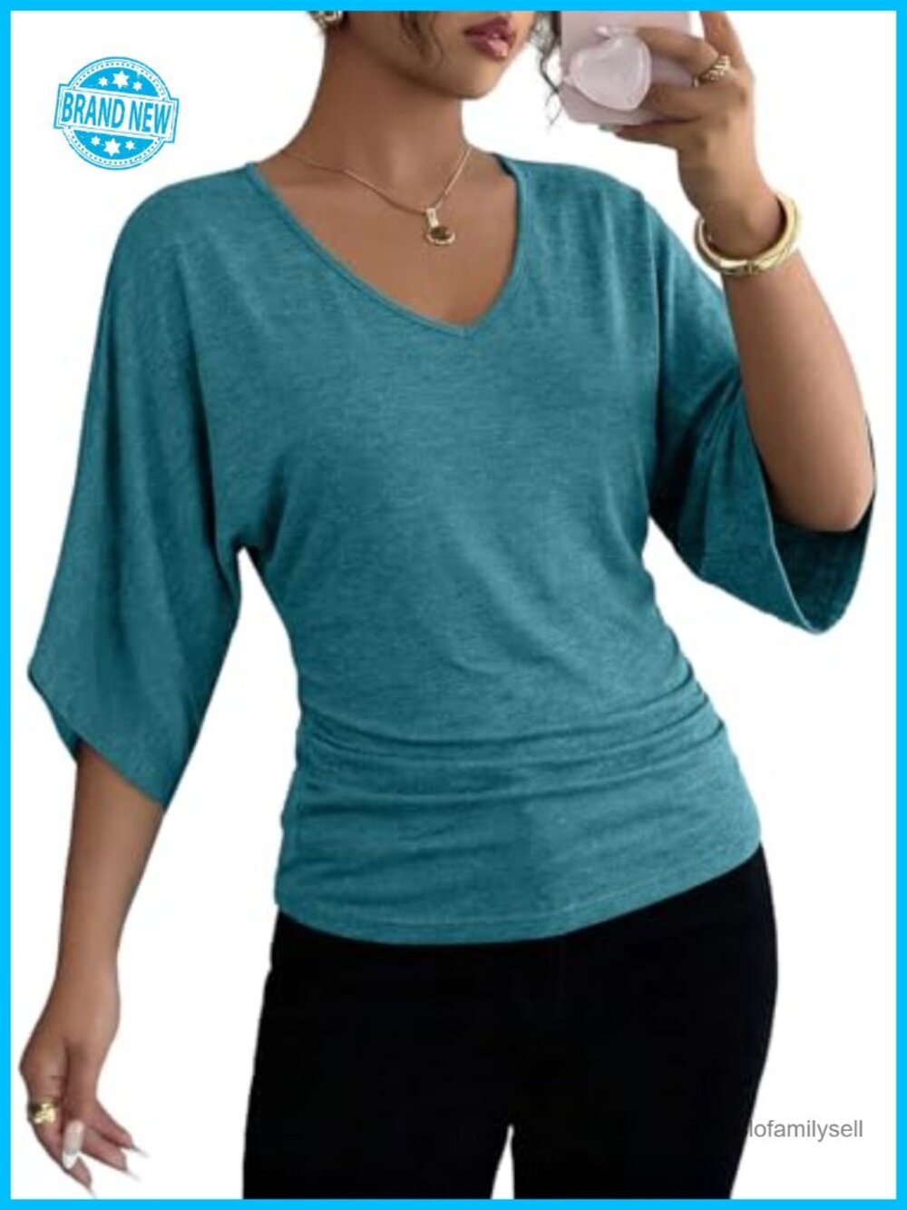 Womens V Neck Batwing 3/4 Sleeve Ruched T Shirt Loose Fit Casual Blouse
